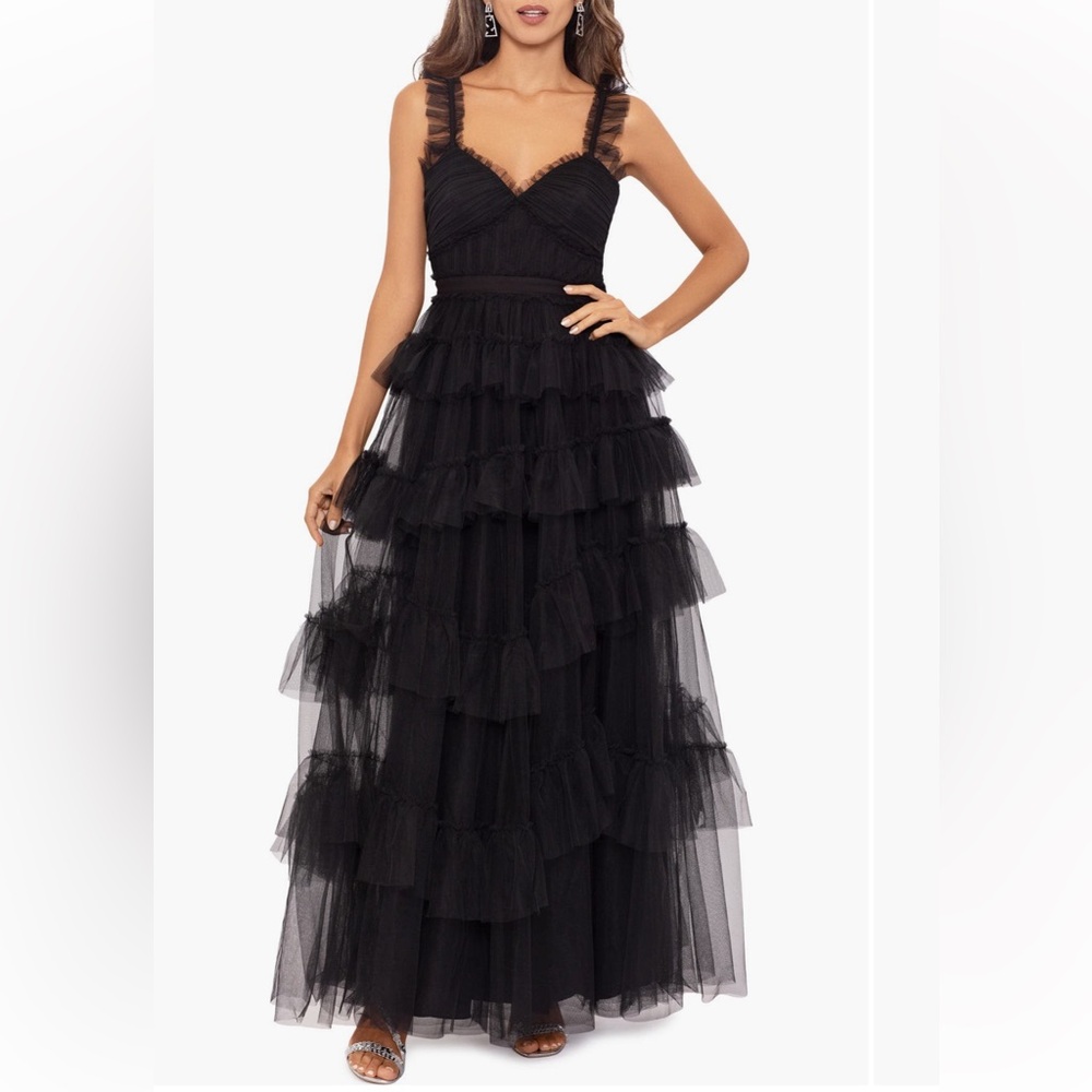 Betsy & Adam Tiered Ruffle Tulle Gown Black - Picture 1 of 12